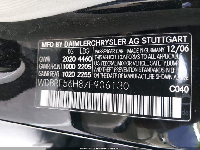 45173274 :رقم المزاد ، WDBRF56H87F906130 vin ، 2007 Mercedes-benz C 350 Luxury/sport مزاد بيع