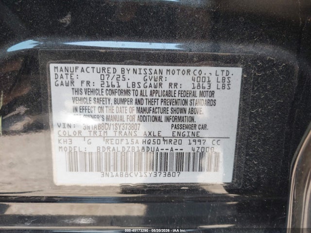 Auction sale of the 2025 Nissan Sentra Sv, vin: 3N1AB8CV1SY373807, lot number: 45173290