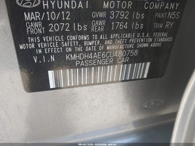Продажа на аукционе авто 2012 Hyundai Elantra Limited (ulsan Plant), vin: KMHDH4AE6CU480758, номер лота: 45173329