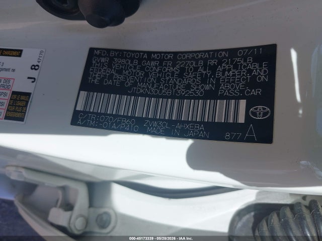45173339 :رقم المزاد ، JTDKN3DU5B1392530 vin ، 2011 Toyota Prius Three مزاد بيع