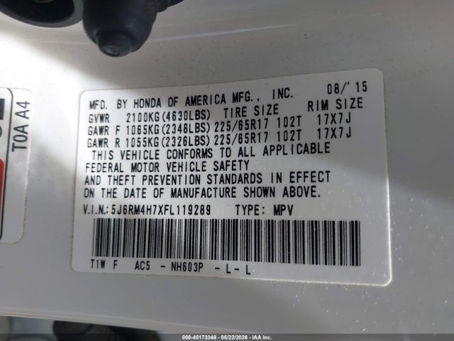 5J6RM4H7XFL119289 Honda Cr-v Ex-l
