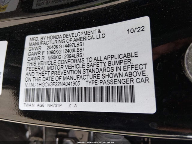 2022 Honda Accord Hybrid Sport მანქანა იყიდება აუქციონზე, vin: 1HGCV3F22NA041905, აუქციონის ნომერი: 45173350