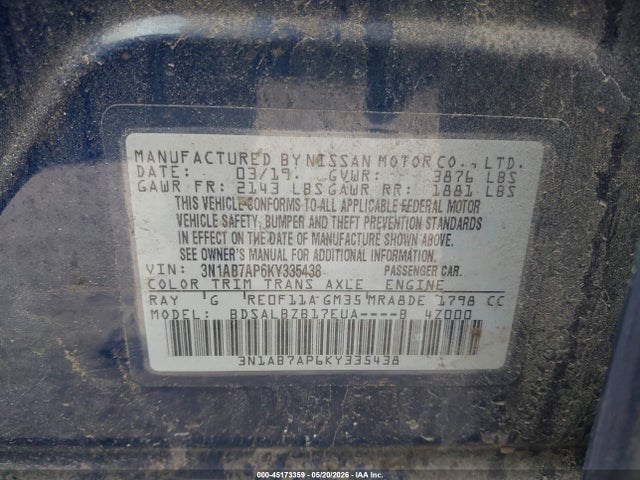45173359 :رقم المزاد ، 3N1AB7AP6KY335438 vin ، 2019 Nissan Sentra S مزاد بيع