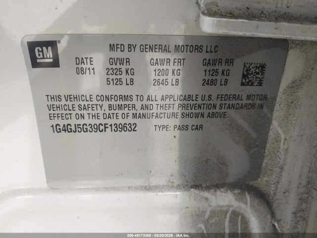 45173368 :رقم المزاد ، 1G4GJ5G39CF139632 vin ، 2012 Buick Lacrosse Touring Group مزاد بيع
