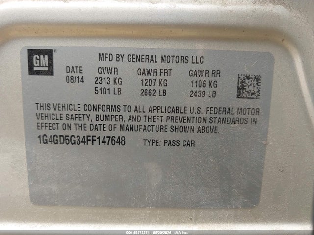 45173371 :رقم المزاد ، 1G4GD5G34FF147648 vin ، 2015 Buick Lacrosse Premium I مزاد بيع