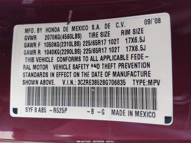 2008 Honda Cr-v Ex მანქანა იყიდება აუქციონზე, vin: 3CZRE38528G706835, აუქციონის ნომერი: 45173381