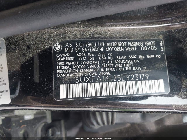 2005 Bmw X5 3.0i მანქანა იყიდება აუქციონზე, vin: 5UXFA13525LY23179, აუქციონის ნომერი: 45173385