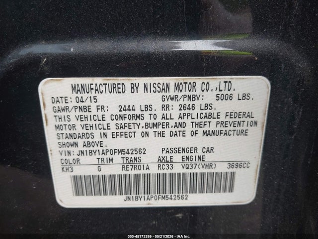 2015 Infiniti Q70 3.7 მანქანა იყიდება აუქციონზე, vin: JN1BY1AP0FM542562, აუქციონის ნომერი: 45173399