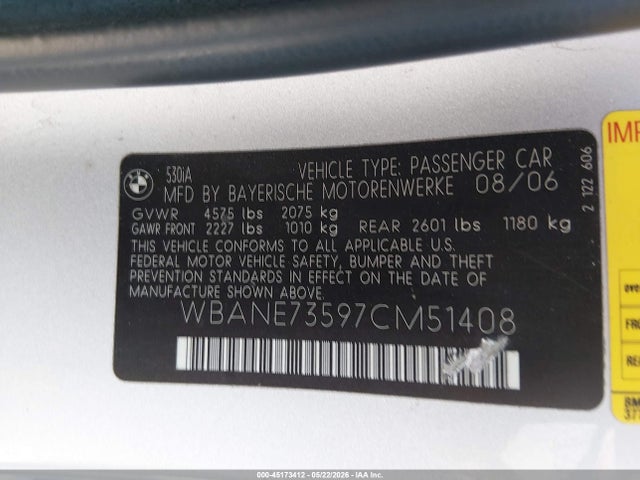 Продажа на аукционе авто 2007 Bmw 530i, vin: WBANE73597CM51408, номер лота: 45173412