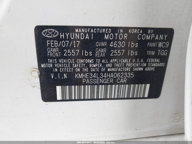 Продаж на аукціоні авто 2017 Hyundai Sonata Hybrid Limited, vin: KMHE34L34HA062335, номер лоту: 45173417