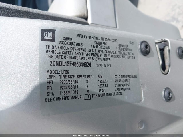 45173421 :رقم المزاد ، 2CNDL13F486044824 vin ، 2008 Chevrolet Equinox Ls مزاد بيع