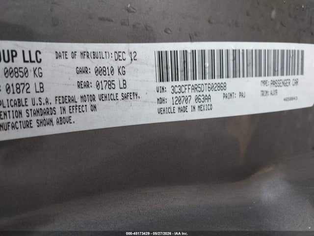 2013 Fiat 500 Pop მანქანა იყიდება აუქციონზე, vin: 3C3CFFAR5DT602868, აუქციონის ნომერი: 45173429
