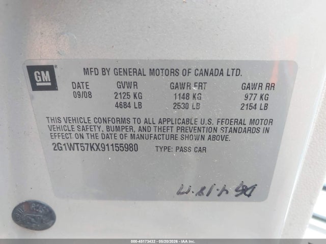 Продаж на аукціоні авто 2009 Chevrolet Impala Lt, vin: 2G1WT57KX91155980, номер лоту: 45173432