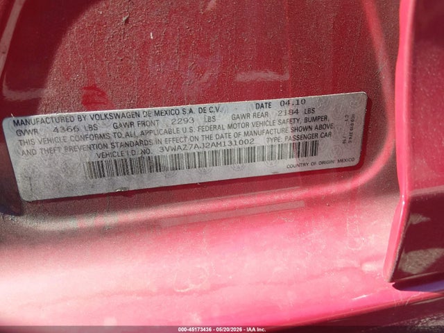 45173436 :رقم المزاد ، 3VWAZ7AJ2AM131002 vin ، 2010 Volkswagen Jetta Limited Edition مزاد بيع