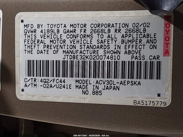 2002 Toyota Camry Se მანქანა იყიდება აუქციონზე, vin: JTDBE32K020074810, აუქციონის ნომერი: 45173441