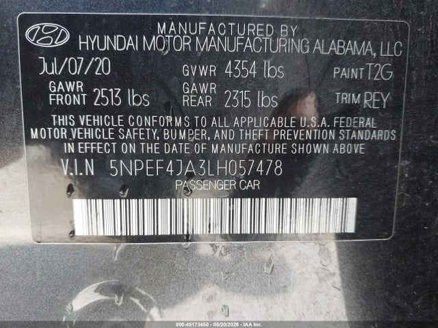 5NPEF4JA3LH057478 Hyundai SONATA SEL