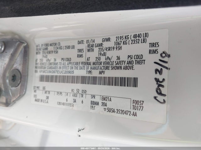 45173461 :رقم المزاد ، 1FMCU9G97EUC20905 vin ، 2014 Ford Escape Se مزاد بيع