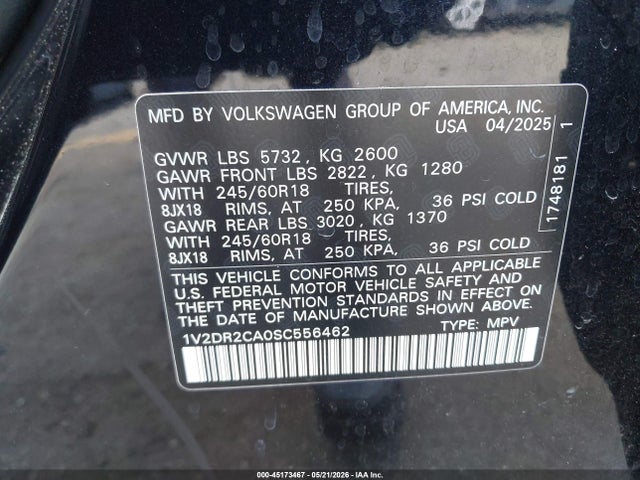 2025 Volkswagen Atlas 2.0t Se მანქანა იყიდება აუქციონზე, vin: 1V2DR2CA0SC556462, აუქციონის ნომერი: 45173467