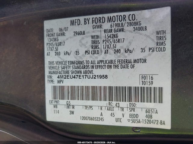 Продажа на аукционе авто 2007 Mercury Mountaineer, vin: 4M2EU47E17UJ21958, номер лота: 45173470