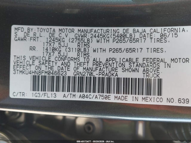 45173477 :رقم المزاد ، 3TMKU4HN8FM046623 vin ، 2015 Toyota Tacoma Prerunner V6 مزاد بيع