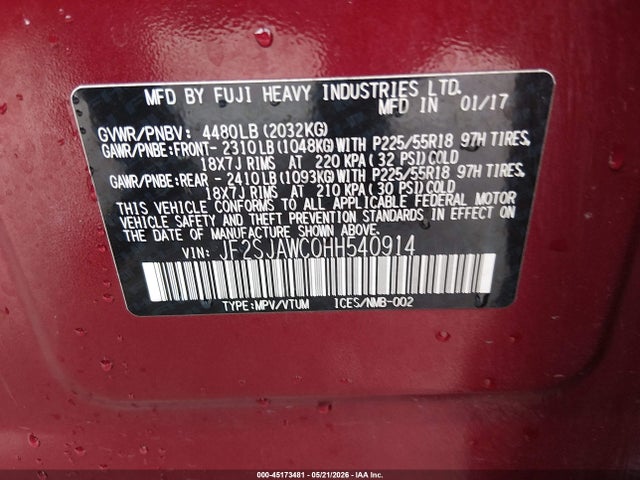 Aukcja sprzedaży 2017 Subaru Forester 2.5i Touring, vin: JF2SJAWC0HH540914, numer aukcji: 45173481