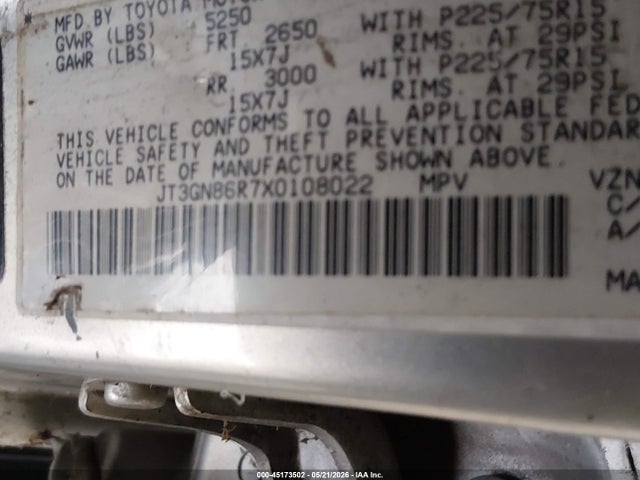 1999 Toyota 4runner Sr5 V6 მანქანა იყიდება აუქციონზე, vin: JT3GN86R7X0108022, აუქციონის ნომერი: 45173502