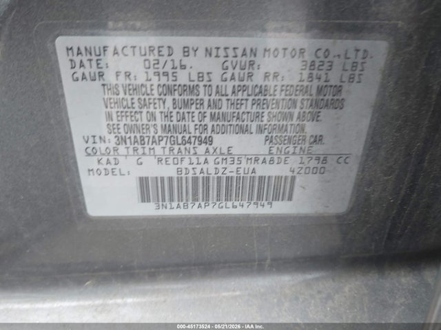 3N1AB7AP7GL647949 Nissan Sentra Fe+ S/s/sl/sr/sv