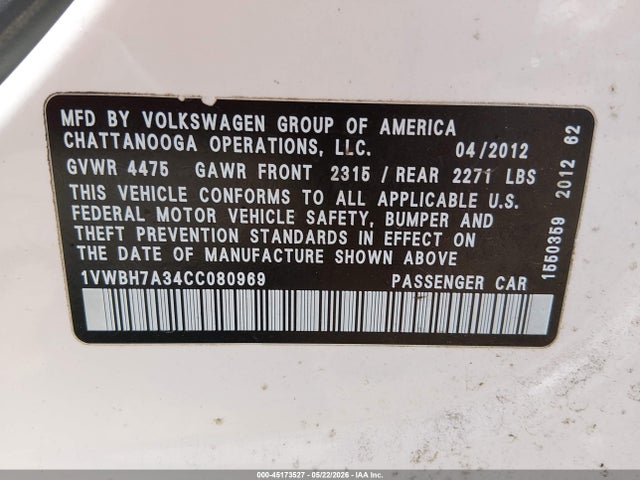 Aukcja sprzedaży 2012 Volkswagen Passat 2.5l Se, vin: 1VWBH7A34CC080969, numer aukcji: 45173527