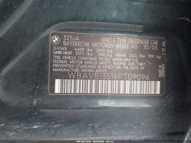 2006 Bmw 325i მანქანა იყიდება აუქციონზე, vin: WBAVB13516PT09096, აუქციონის ნომერი: 45173532
