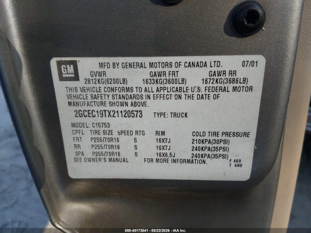 Aukcja sprzedaży 2002 Chevrolet Silverado 1500 Lt, vin: 2GCEC19TX21120573, numer aukcji: 45173541
