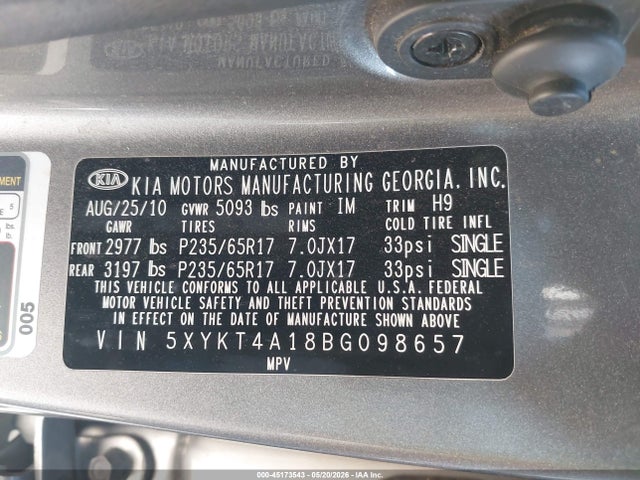 2011 Kia Sorento Lx მანქანა იყიდება აუქციონზე, vin: 5XYKT4A18BG098657, აუქციონის ნომერი: 45173543