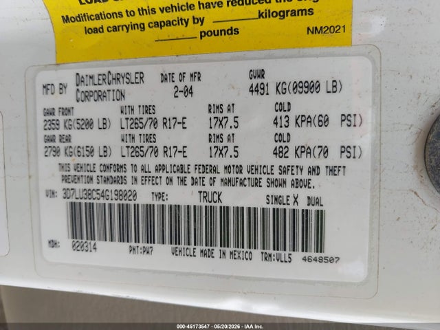 Продаж на аукціоні авто 2004 Dodge Ram 3500 Slt/laramie, vin: 3D7LU38C54G198020, номер лоту: 45173547
