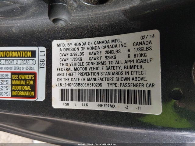 Honda CIVIC EX 2014 2HGFG3B80EH510296 Image 9
