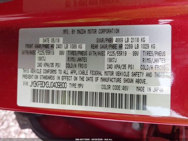 45173555 :رقم المزاد ، JM3KFBDM3J0409800 vin ، 2018 Mazda Cx-5 Grand Touring مزاد بيع