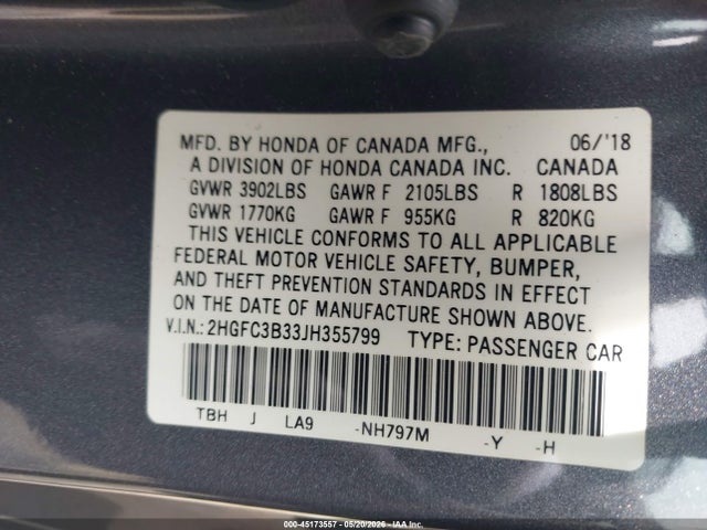 Продаж на аукціоні авто 2018 Honda Civic Ex-t, vin: 2HGFC3B33JH355799, номер лоту: 45173557