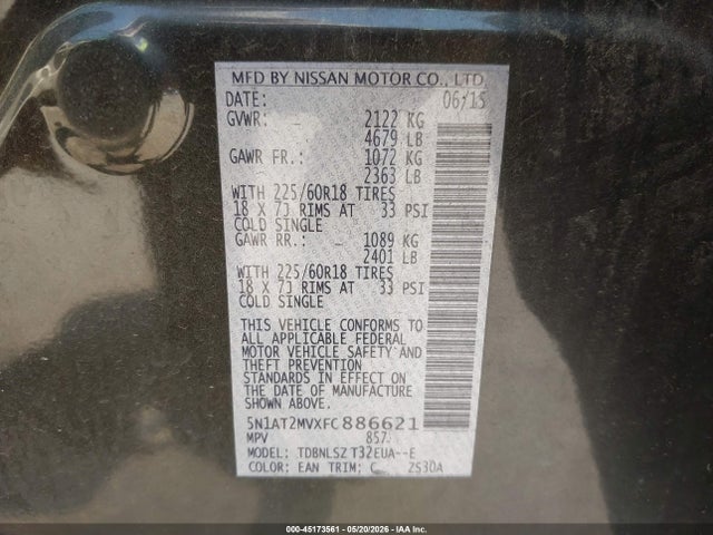 Aukcja sprzedaży 2015 Nissan Rogue Sl, vin: 5N1AT2MVXFC886621, numer aukcji: 45173561