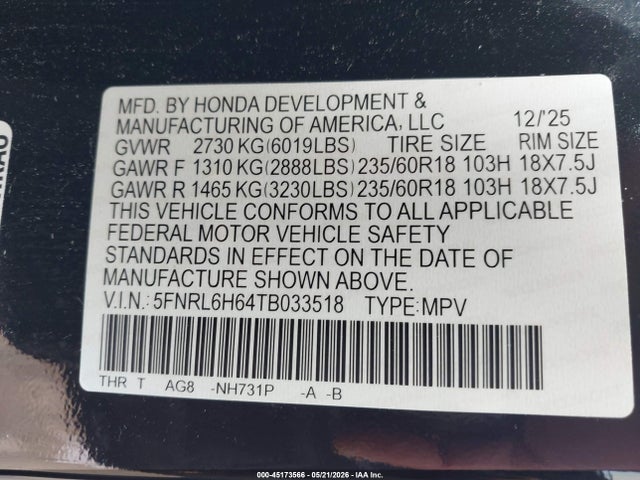 Продаж на аукціоні авто 2026 Honda Odyssey Ex-l, vin: 5FNRL6H64TB033518, номер лоту: 45173566