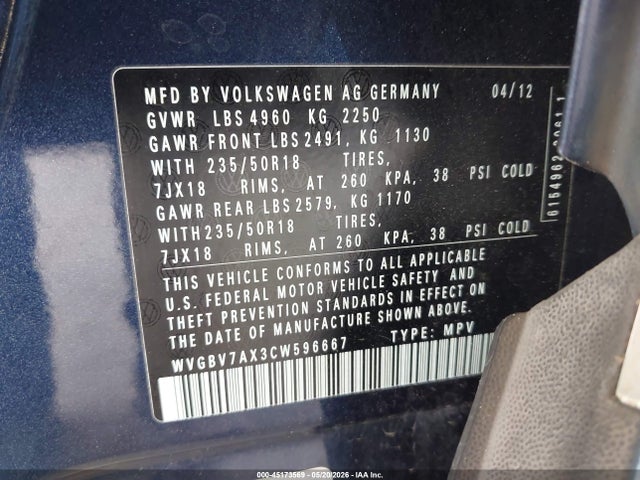 Продажа на аукционе авто 2012 Volkswagen Tiguan Se, vin: WVGBV7AX3CW596667, номер лота: 45173569