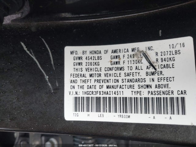 45173577 :رقم المزاد ، 1HGCR3F93HA014511 vin ، 2017 Honda Accord Touring V6 مزاد بيع