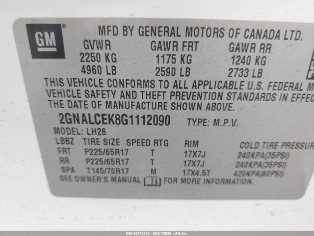 45173580 :رقم المزاد ، 2GNALCEK8G1112090 vin ، 2016 Chevrolet Equinox Lt مزاد بيع