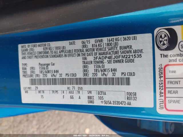 Ford FIESTA SE 2015 3FADP4EJ0FM221535 Image 9