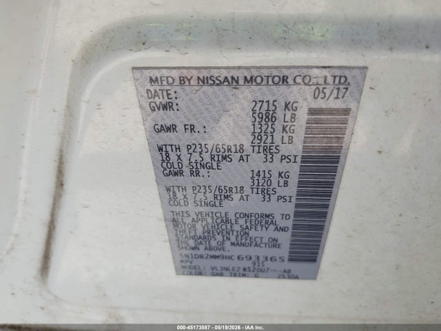 Aukcja sprzedaży 2017 Nissan Pathfinder Sv, vin: 5N1DR2MM9HC693365, numer aukcji: 45173587