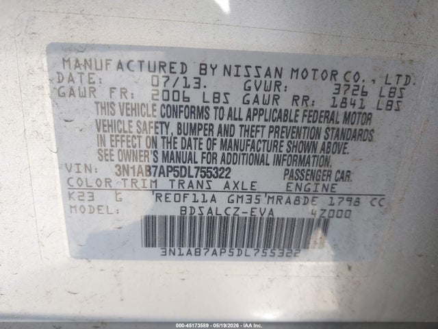 Aukcja sprzedaży 2013 Nissan Sentra S, vin: 3N1AB7AP5DL755322, numer aukcji: 45173589