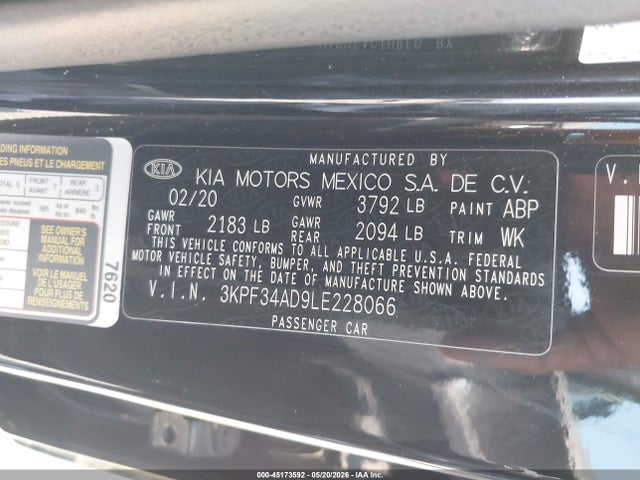 Aukcja sprzedaży 2020 Kia Forte Gt-line, vin: 3KPF34AD9LE228066, numer aukcji: 45173592