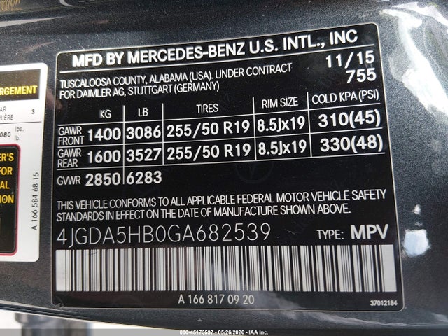 Aukcja sprzedaży 2016 Mercedes-benz Gle 350 4matic, vin: 4JGDA5HB0GA682539, numer aukcji: 45173597