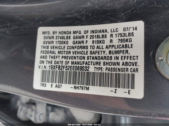 2014 Honda Civic Lx მანქანა იყიდება აუქციონზე, vin: 19XFB2F52EE069032, აუქციონის ნომერი: 45173598