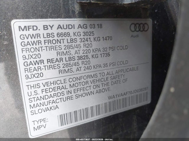 Продаж на аукціоні авто 2018 Audi Q7 3.0t Premium, vin: WA1VAAF70JD038281, номер лоту: 45173637