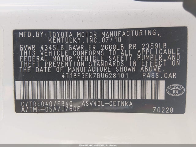 2011 Toyota Camry Le მანქანა იყიდება აუქციონზე, vin: 4T1BF3EK7BU628101, აუქციონის ნომერი: 45173643