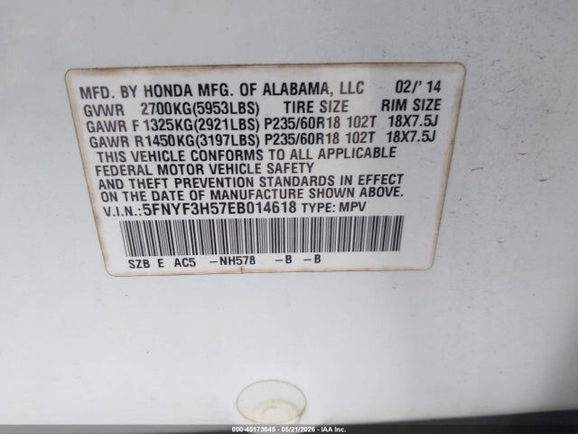 Honda Pilot Ex-l 2014 5FNYF3H57EB014618 Image 9