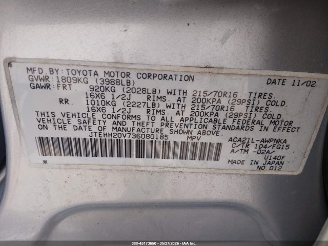 Auction sale of the 2003 Toyota Rav4, vin: JTEHH20V736080185, lot number: 45173650